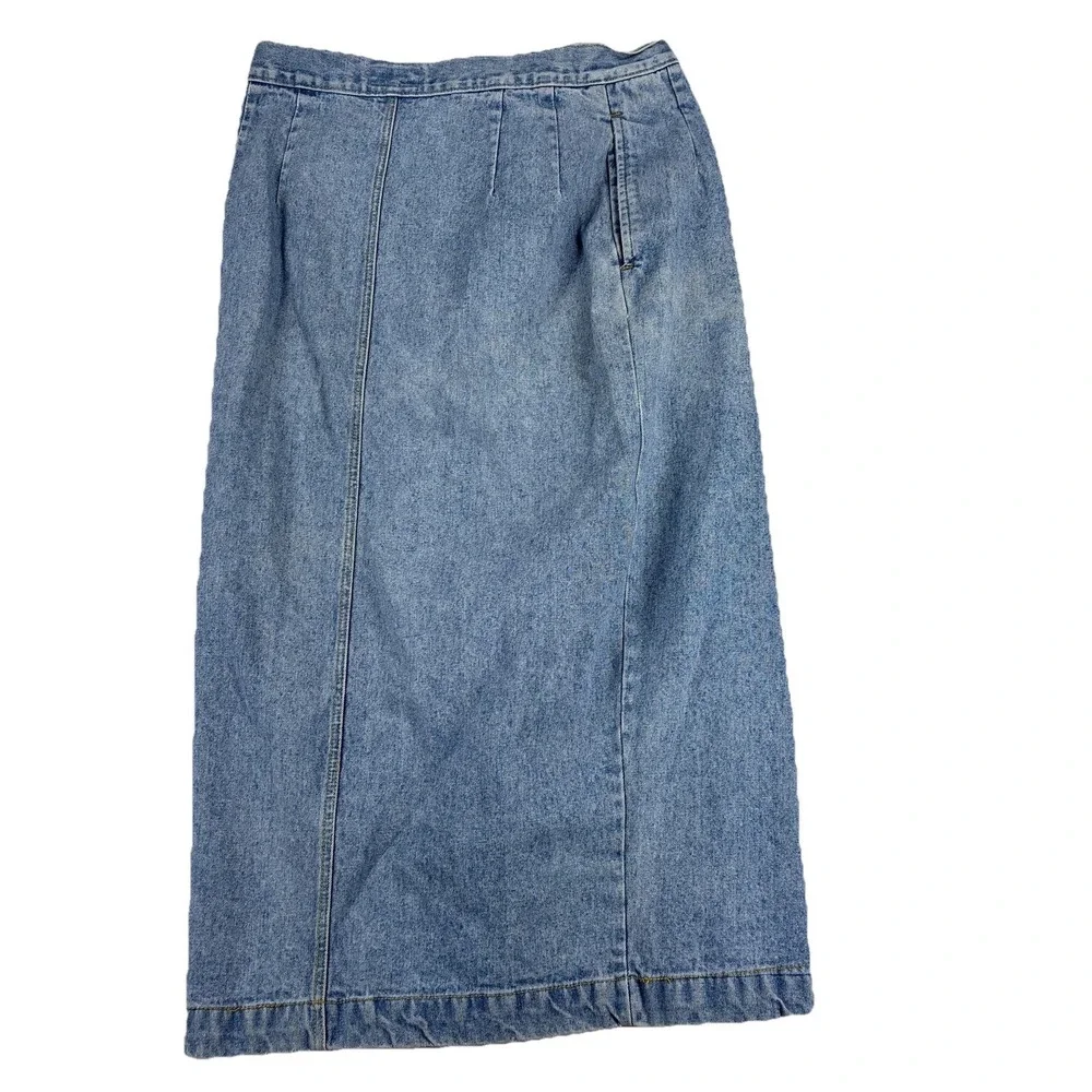 Vintage True Blue Denim Skirt Womens 7/8 Button Front‎ High Waist Classic 90s